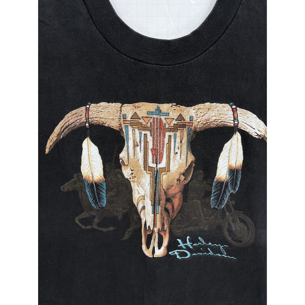 Harley Davidson Vintage Bull Skull Aztech Black Tee Shirt, Large, MADE IN USA!!